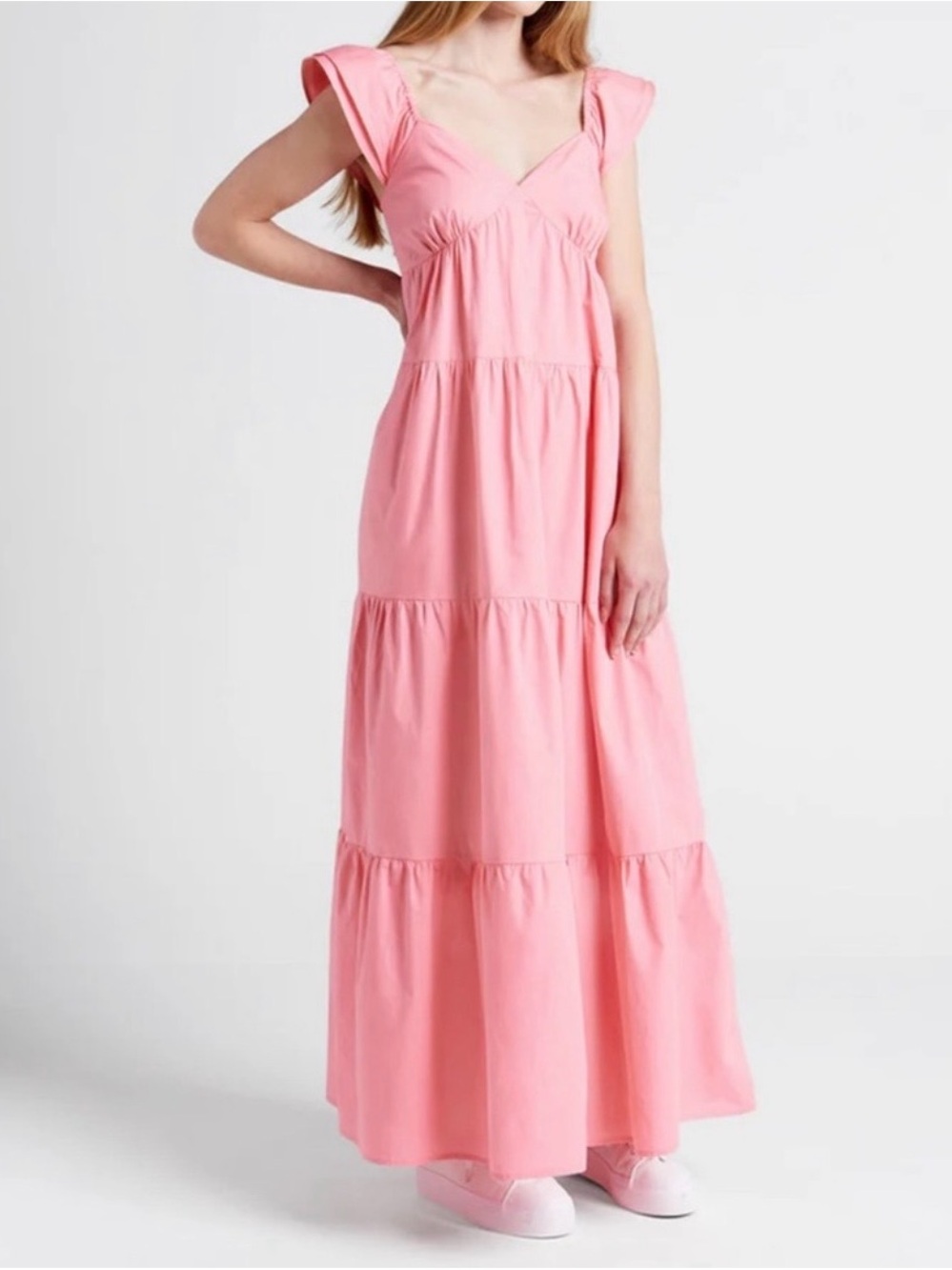 Modcloth Pink Ruffle-Shoulder Tiered Maxi Dress
